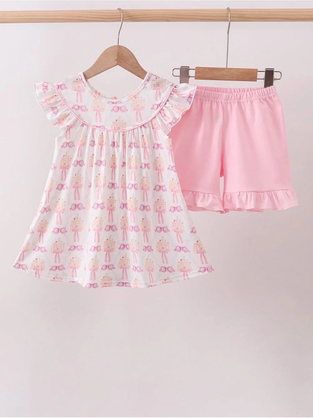 NWT Abby & Evie Pink Bow Castle Printed Ruffle-Trim Set